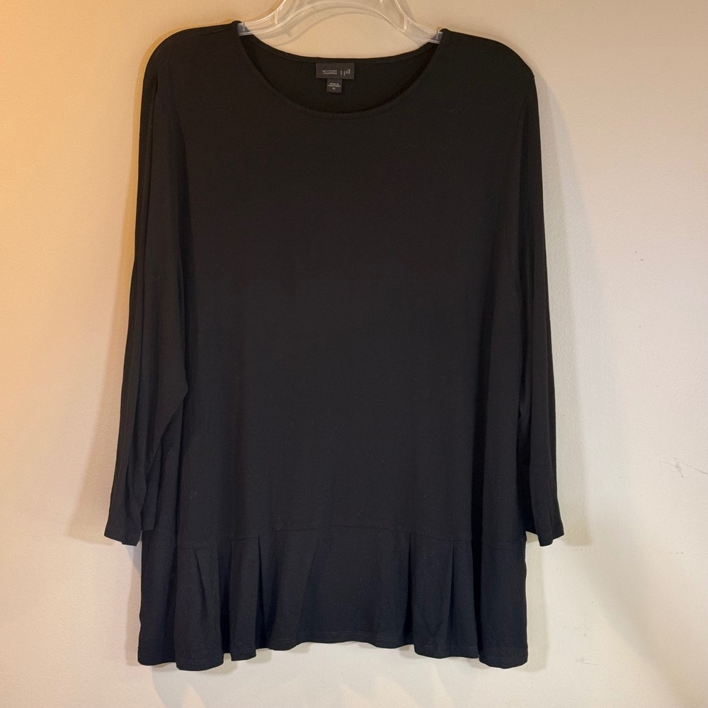 J Jill Wearever Top Women XL Black Peplum Ruffle Hem Long Sleeve Stretch Classic